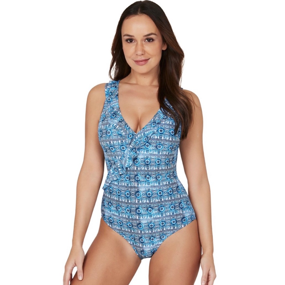 NipTuck ruffle front blue one piece swimsuit